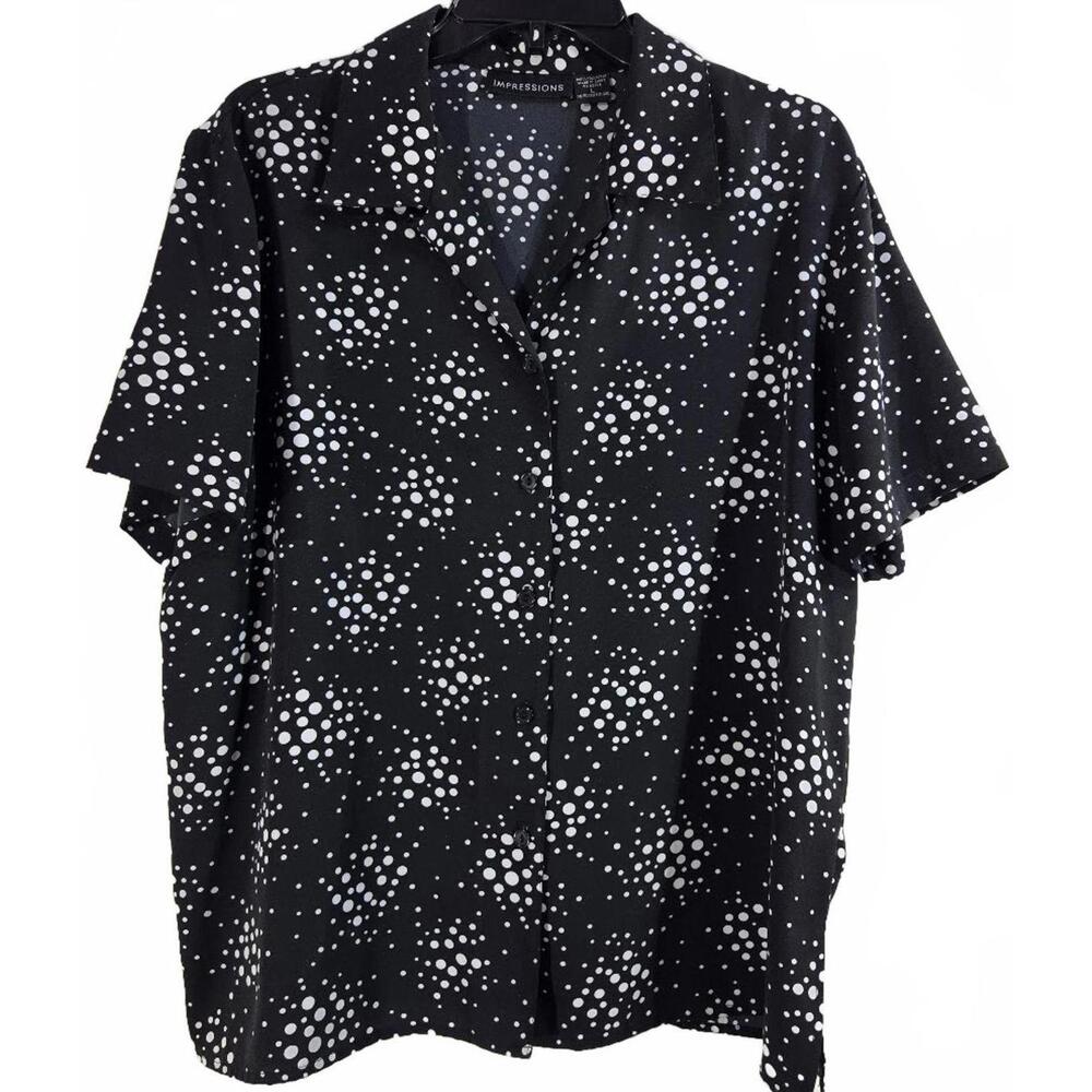 Impressions Black and White Polka Dot Short Sleeve Button-Up Shirt Size L